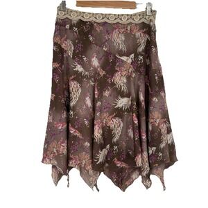 Y2K Donna Karan Womens Silk Bird Print Midi Dress 8 Lace Handkerchief Hem Fairy